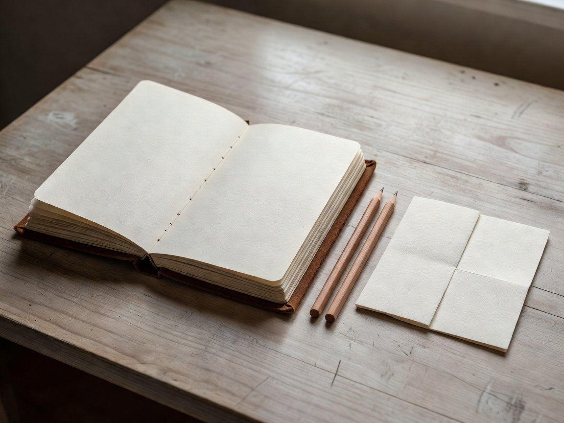 A bound pocket sketchbook open beside two wooden graphite pencils and folded square paper