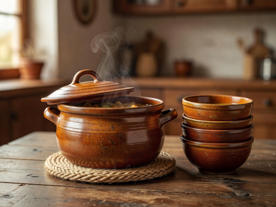 A warm ceramic casserole pot on an insulated trivet with soup bowls stacked beside it