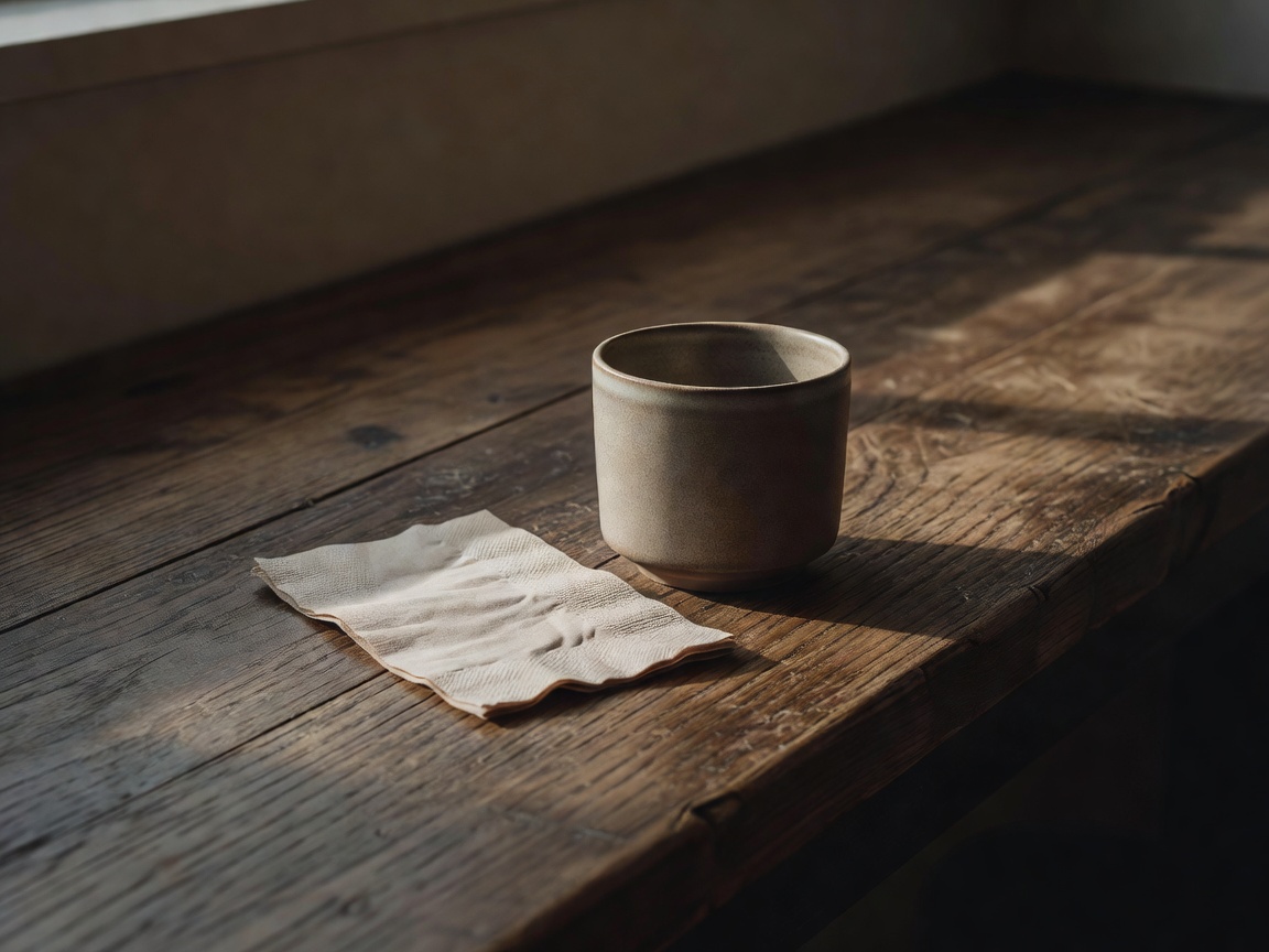 A quiet wooden table corner with a ceramic cup, paper napkin and natural afternoon light