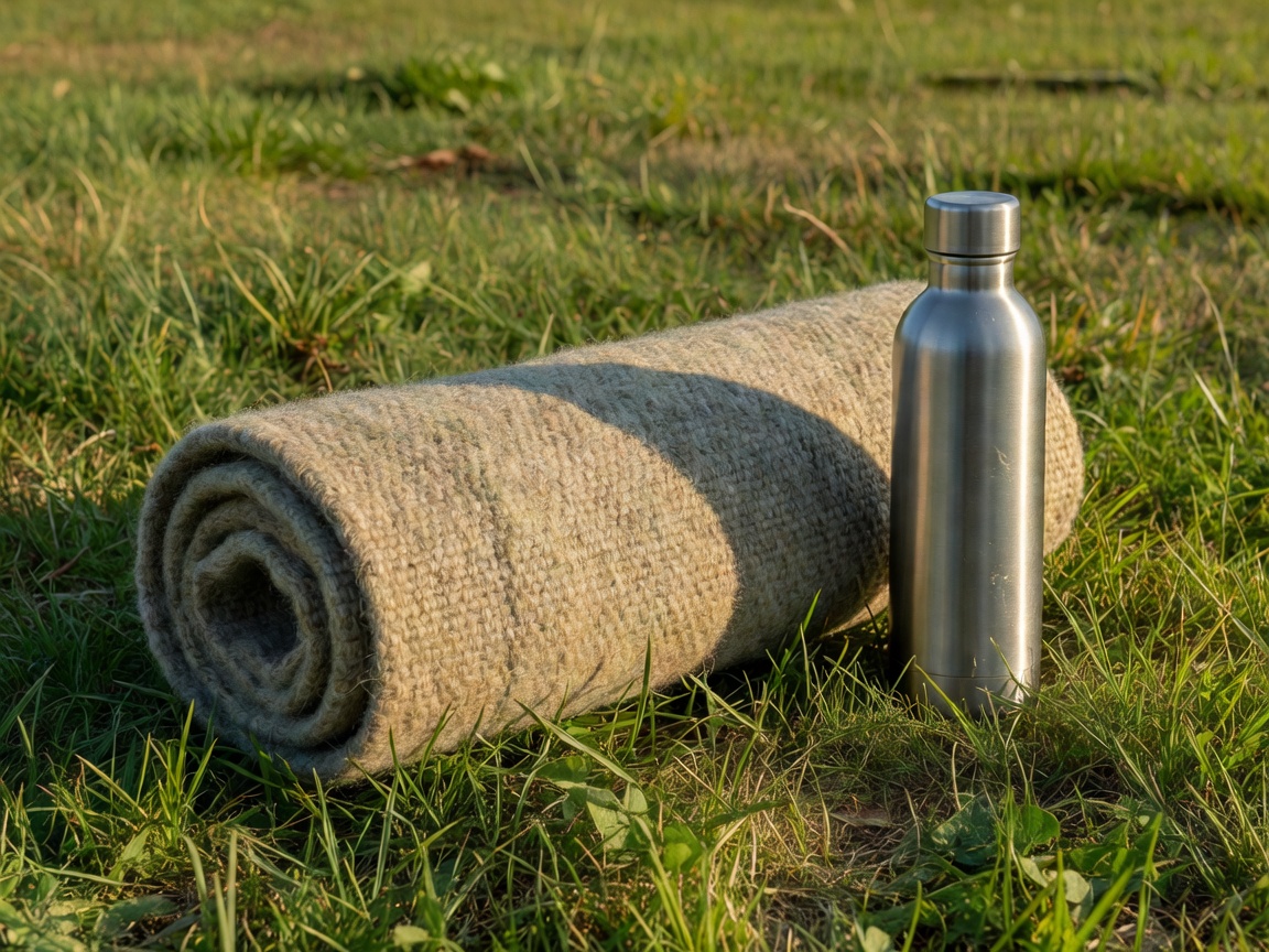 A rolled wool picnic rug beside a stainless steel water bottle on a flat grassy surface